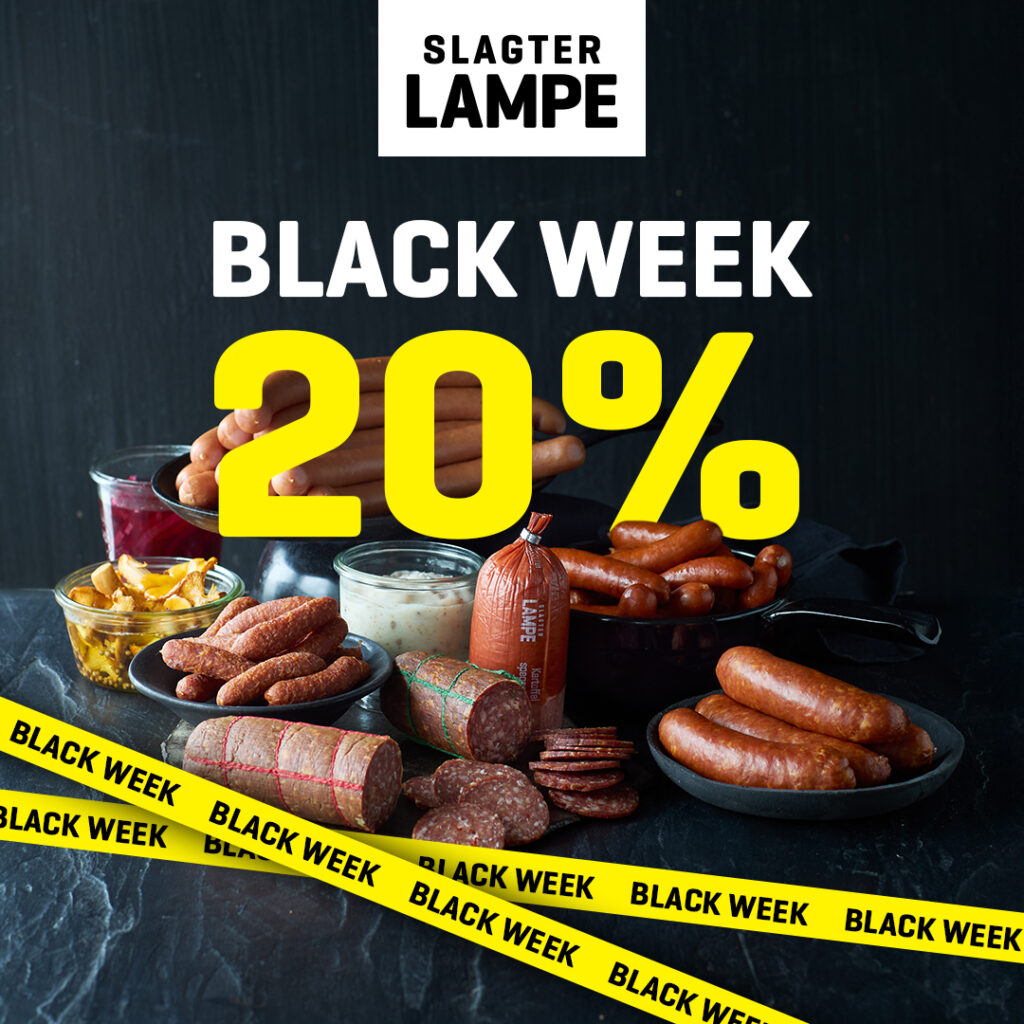 Slagter Lampe Black Friday 2025 banner viser 20% rabat med gul tekst